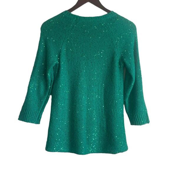 Anne Klein Sweater Women S Kelly Green 3/4 Sleeve Sequins Holiday Festive Party - Picture 3 of 11
